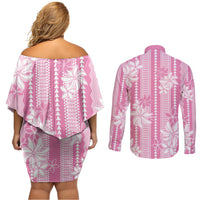 Hawaii Kakau Tribal Couples Matching Off Shoulder Short Dress and Long Sleeve Button Shirt With Pink Tiare