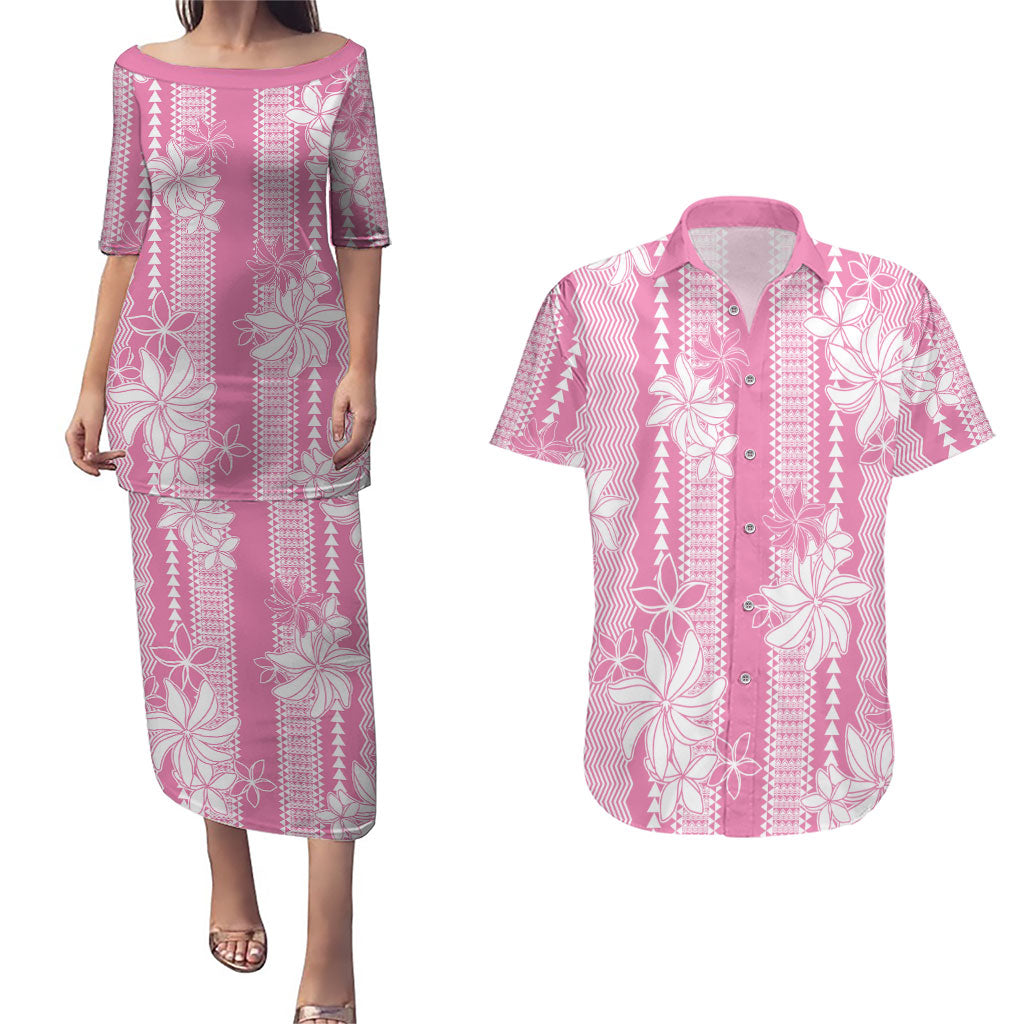 Hawaii Kakau Tribal Couples Matching Puletasi and Hawaiian Shirt With Pink Tiare