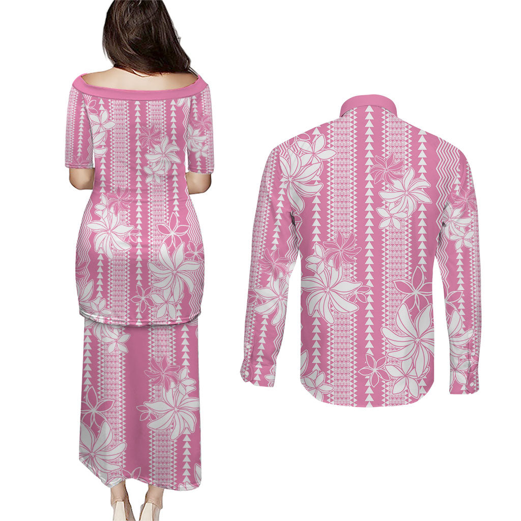 Hawaii Kakau Tribal Couples Matching Puletasi and Long Sleeve Button Shirt With Pink Tiare