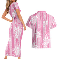 Hawaii Kakau Tribal Couples Matching Short Sleeve Bodycon Dress and Hawaiian Shirt With Pink Tiare