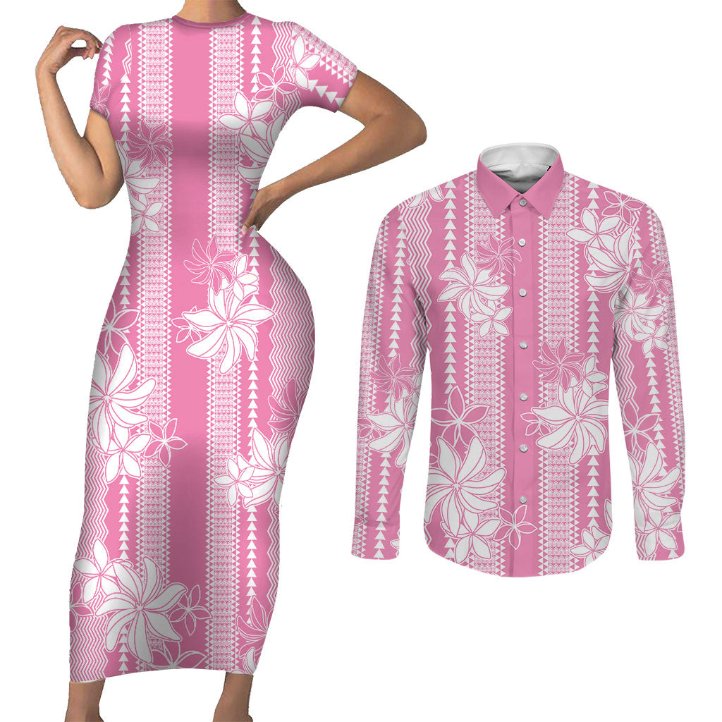 Hawaii Kakau Tribal Couples Matching Short Sleeve Bodycon Dress and Long Sleeve Button Shirt With Pink Tiare LT05 Pink - Polynesian Pride
