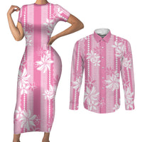 Hawaii Kakau Tribal Couples Matching Short Sleeve Bodycon Dress and Long Sleeve Button Shirt With Pink Tiare