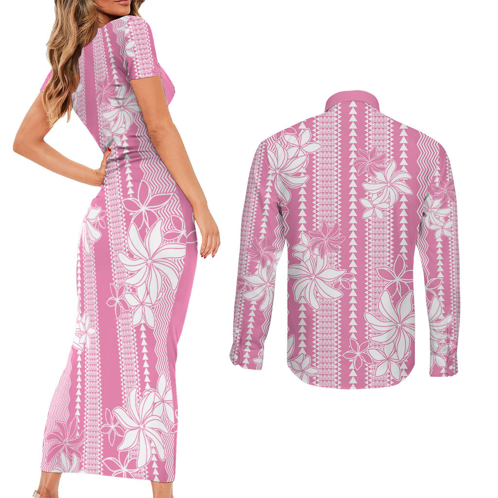 Hawaii Kakau Tribal Couples Matching Short Sleeve Bodycon Dress and Long Sleeve Button Shirt With Pink Tiare