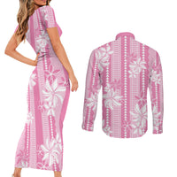Hawaii Kakau Tribal Couples Matching Short Sleeve Bodycon Dress and Long Sleeve Button Shirt With Pink Tiare