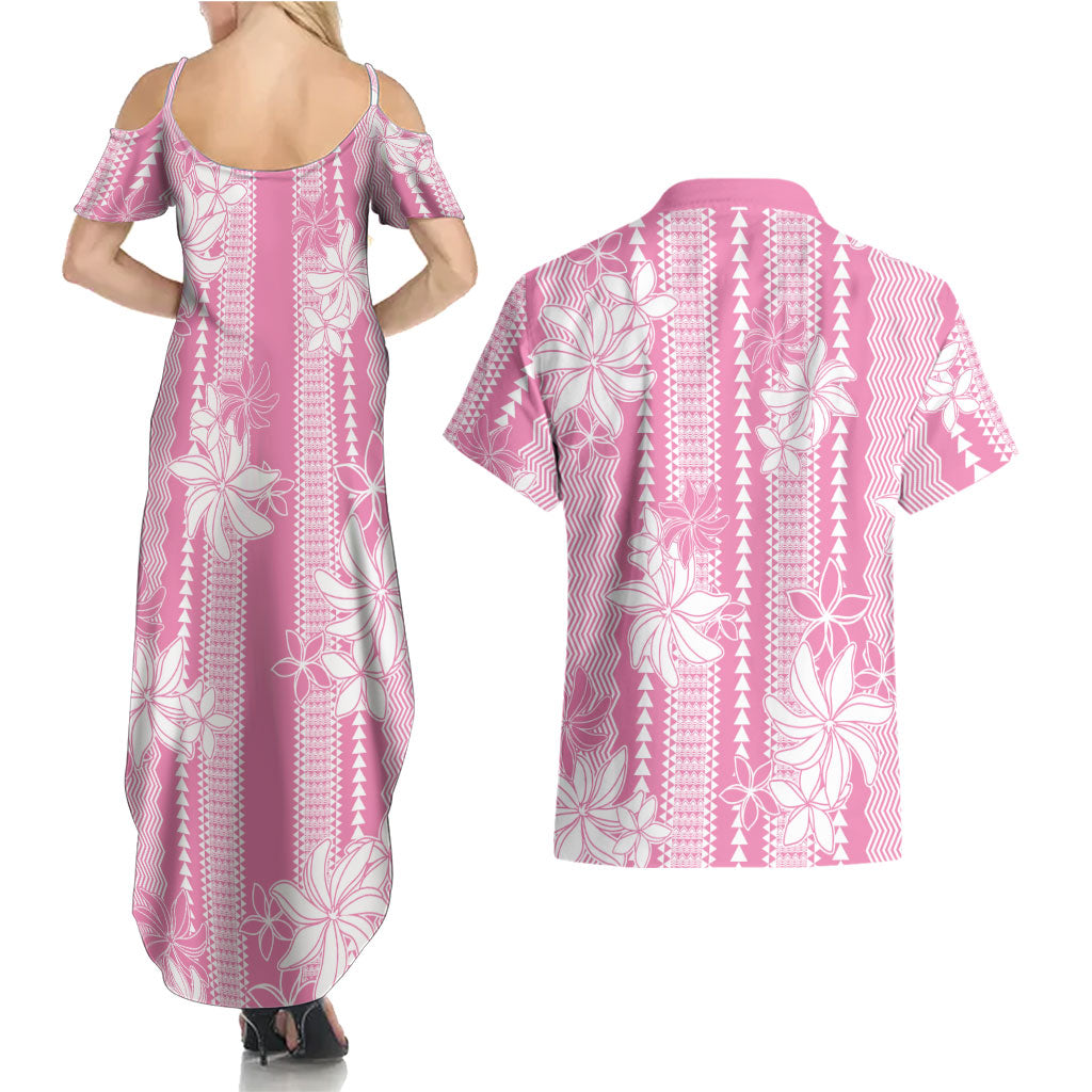 Hawaii Kakau Tribal Couples Matching Summer Maxi Dress and Hawaiian Shirt With Pink Tiare
