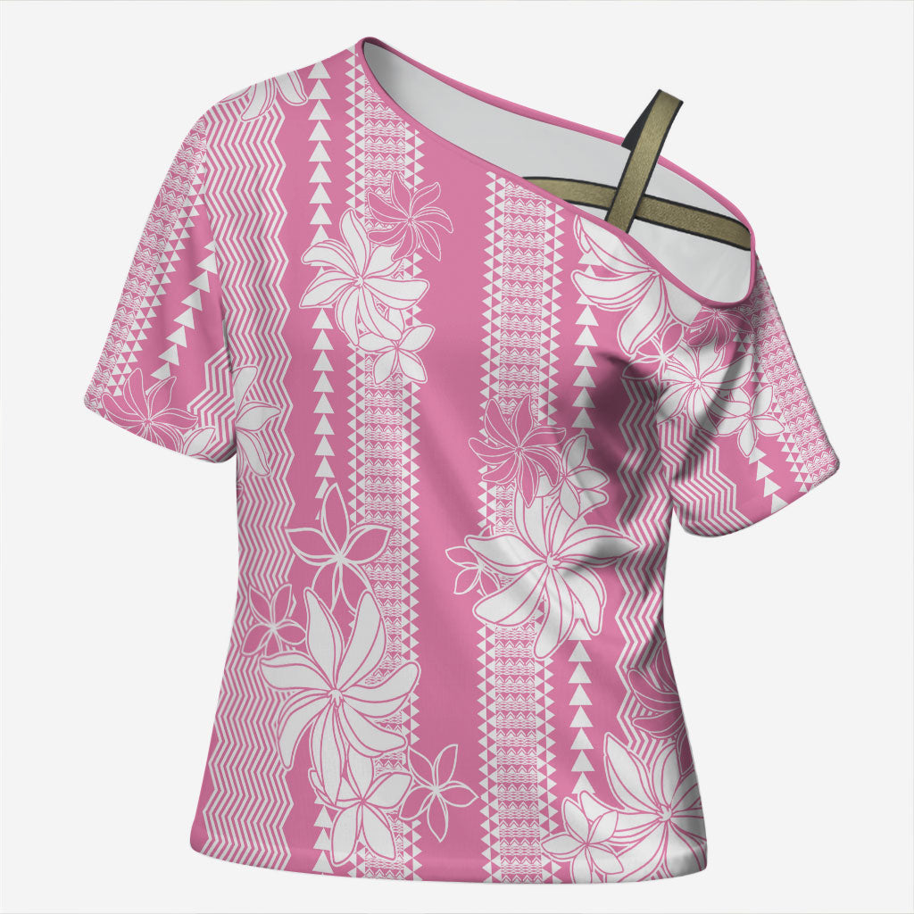 Hawaii Kakau Tribal Cross Shoulder Shirt With Pink Tiare