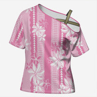 Hawaii Kakau Tribal Cross Shoulder Shirt With Pink Tiare