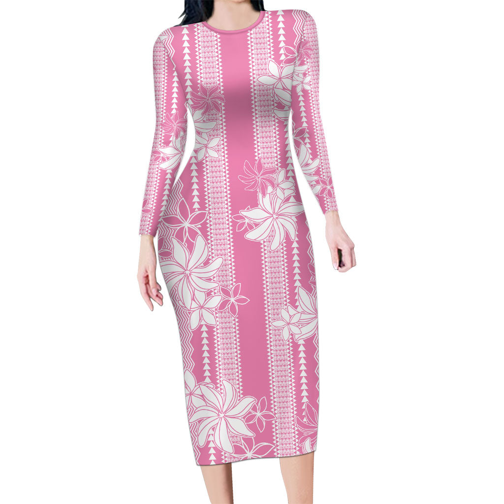 Hawaii Kakau Tribal Family Matching Long Sleeve Bodycon Dress and Hawaiian Shirt With Pink Tiare