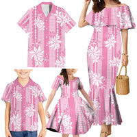 Hawaii Kakau Tribal Family Matching Mermaid Dress and Hawaiian Shirt With Pink Tiare