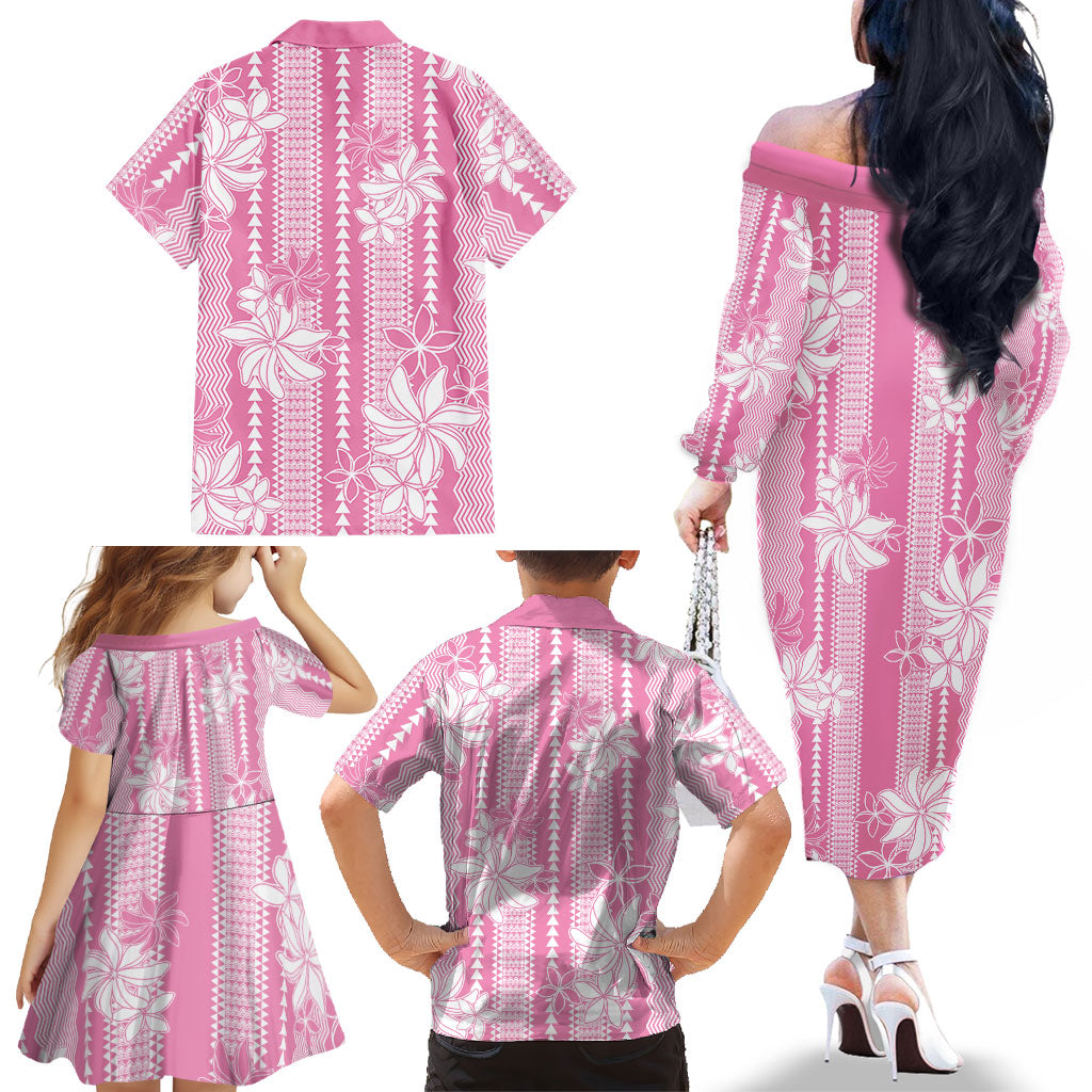 Hawaii Kakau Tribal Family Matching Off The Shoulder Long Sleeve Dress and Hawaiian Shirt With Pink Tiare
