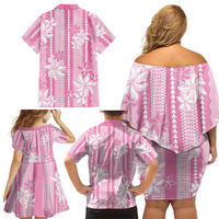Hawaii Kakau Tribal Family Matching Off Shoulder Short Dress and Hawaiian Shirt With Pink Tiare