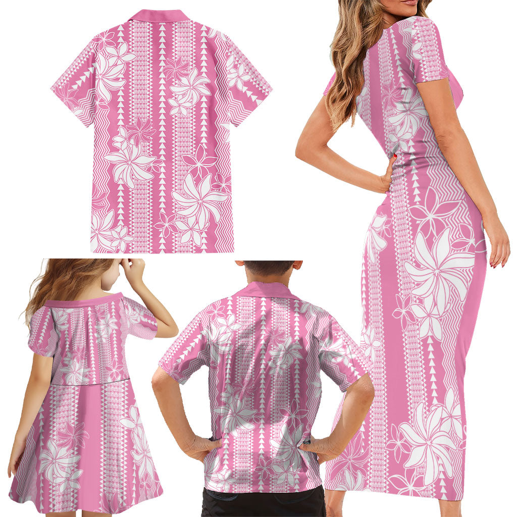 Hawaii Kakau Tribal Family Matching Short Sleeve Bodycon Dress and Hawaiian Shirt With Pink Tiare