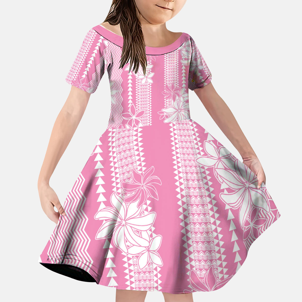 Hawaii Kakau Tribal Kid Short Sleeve Dress With Pink Tiare