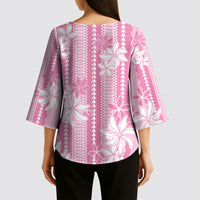 Hawaii Kakau Tribal Kimono Sleeve Blouse With Pink Tiare