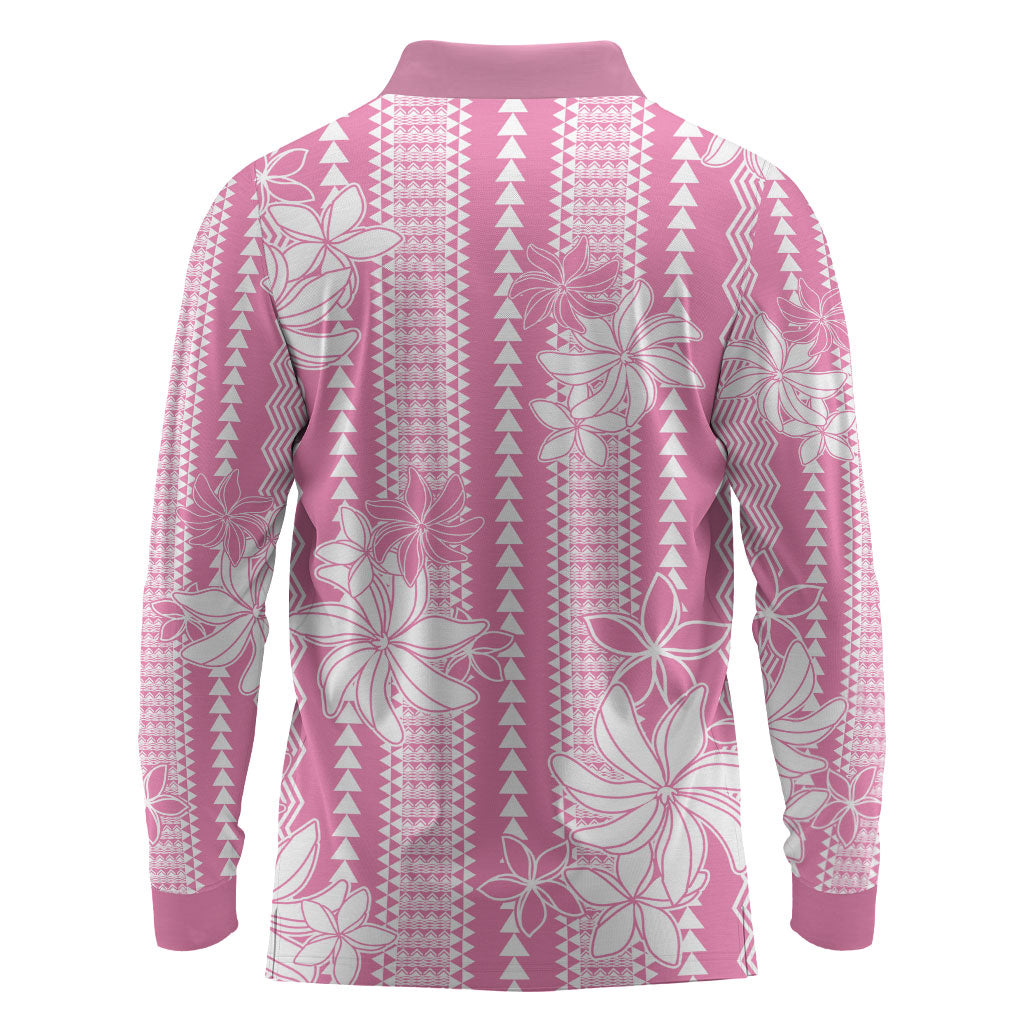 Hawaii Kakau Tribal Long Sleeve Polo Shirt With Pink Tiare