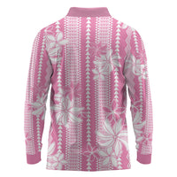 Hawaii Kakau Tribal Long Sleeve Polo Shirt With Pink Tiare