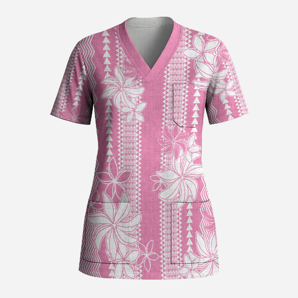 Hawaii Kakau Tribal Scrub Top With Pink Tiare LT05 Adult Pink - Polynesian Pride