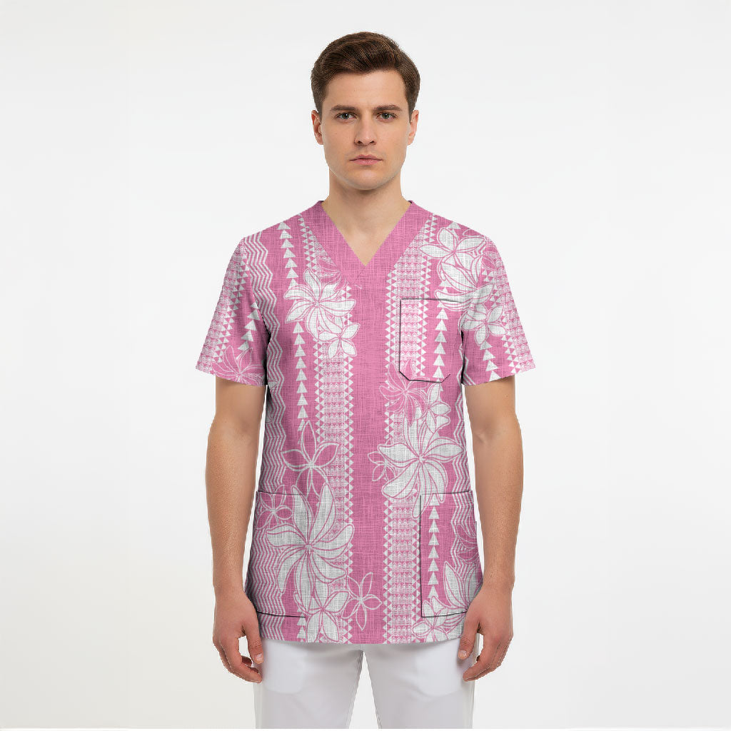 Hawaii Kakau Tribal Scrub Top With Pink Tiare