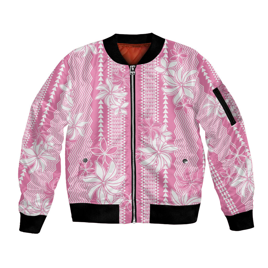 Hawaii Kakau Tribal Sleeve Zip Bomber Jacket With Pink Tiare