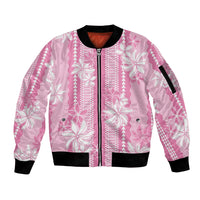 Hawaii Kakau Tribal Sleeve Zip Bomber Jacket With Pink Tiare