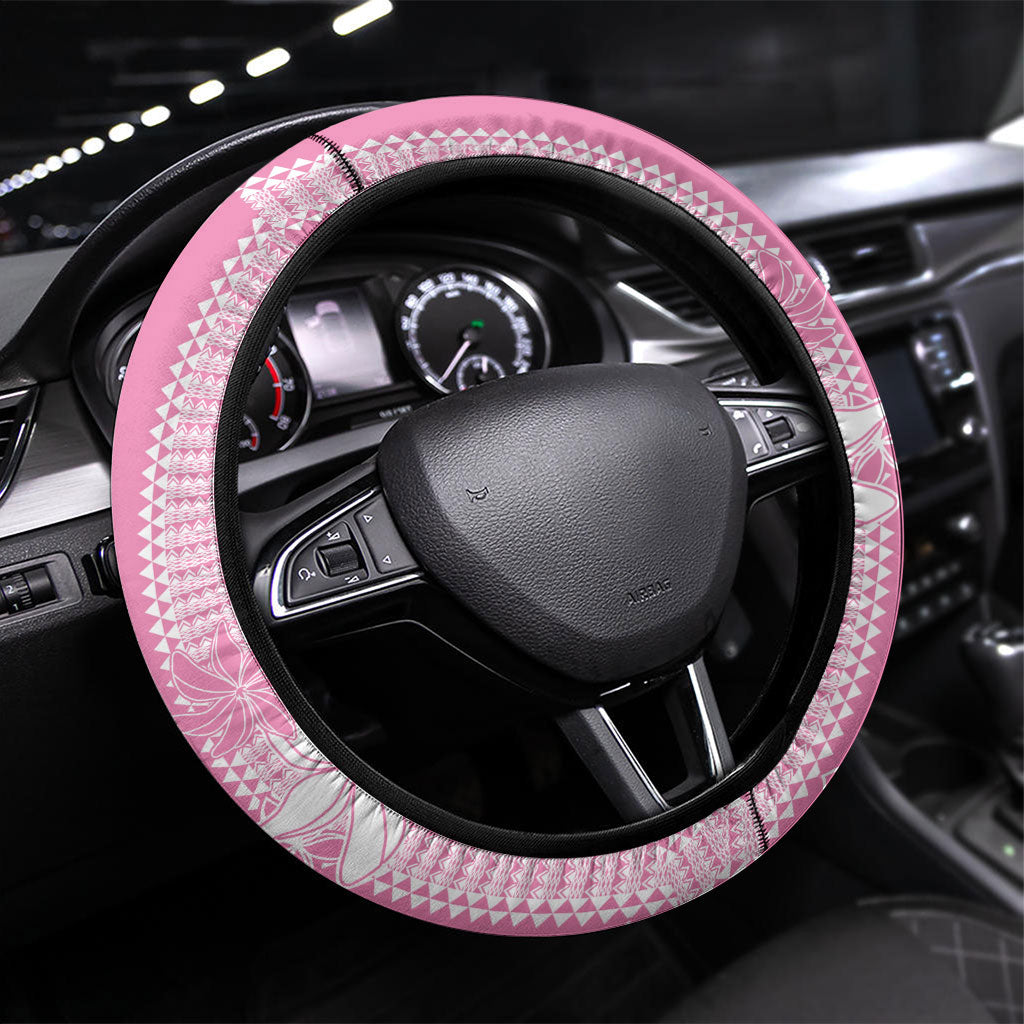 Hawaii Kakau Tribal Steering Wheel Cover With Pink Tiare LT05 Universal Fit Pink - Polynesian Pride
