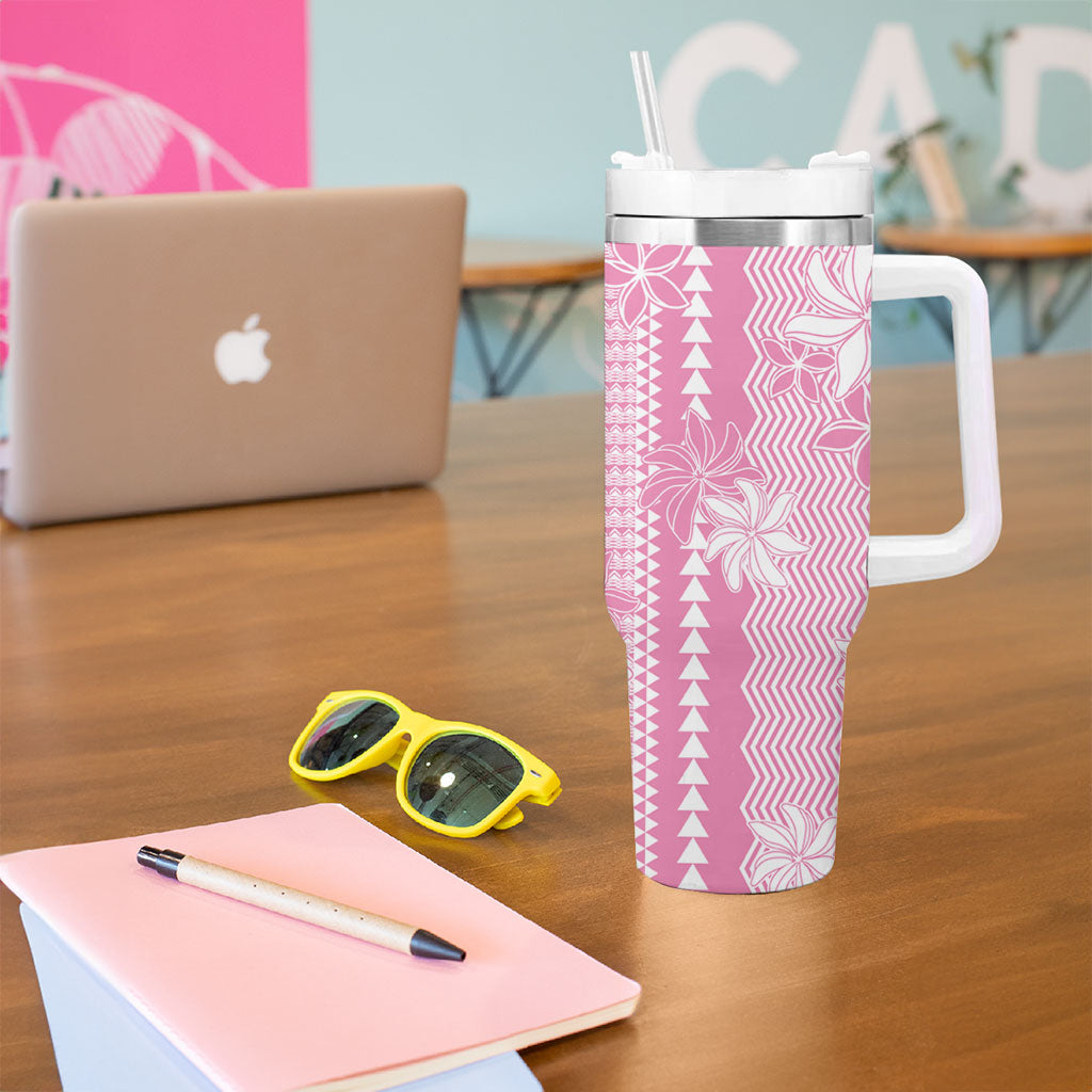Hawaii Kakau Tribal Tumbler With Handle With Pink Tiare