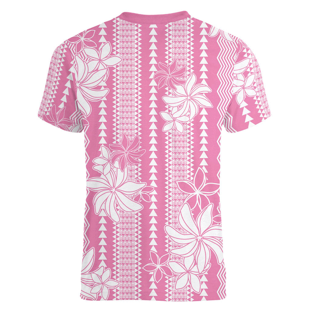 Hawaii Kakau Tribal Women V-Neck T-Shirt With Pink Tiare