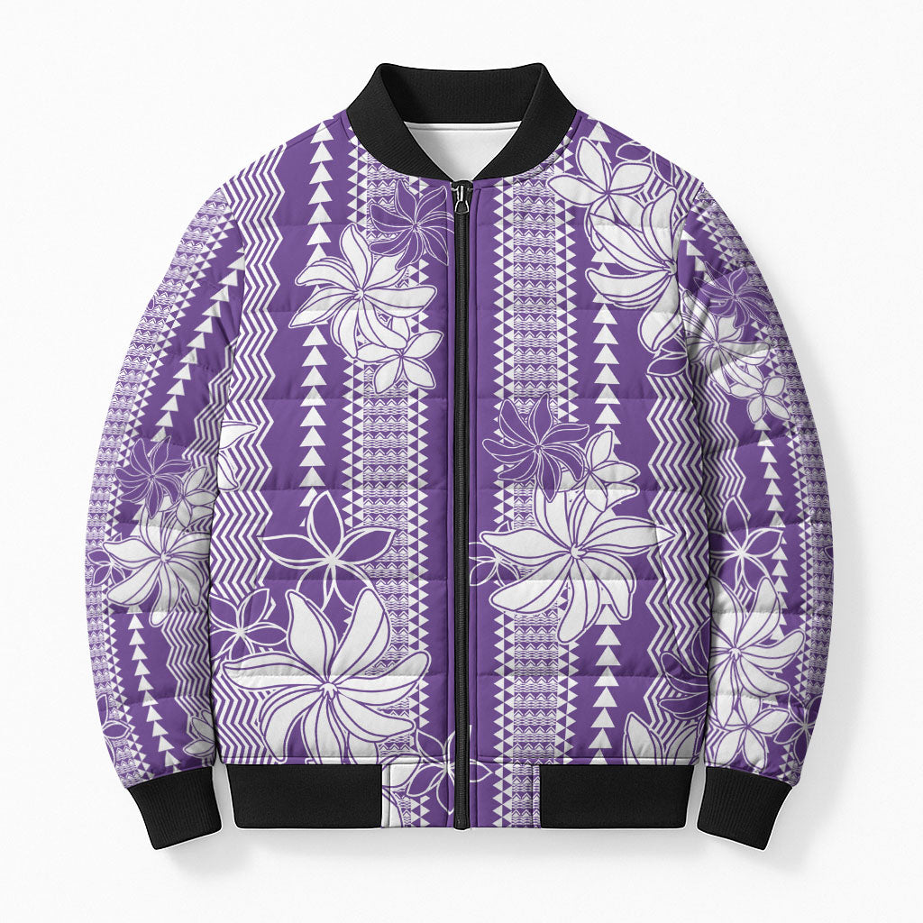 Hawaii Kakau Tribal Bomber Puffer Jacket With Purple Tiare
