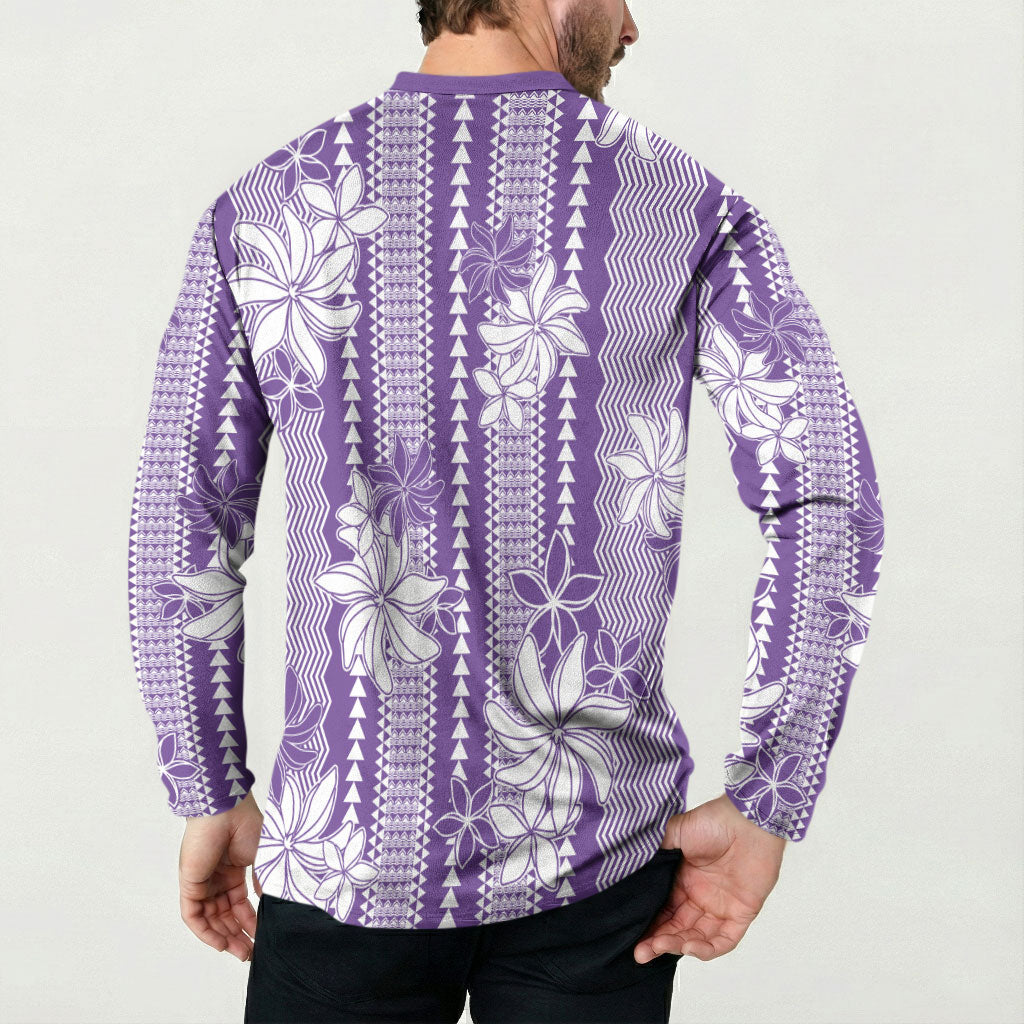 Hawaii Kakau Tribal Button Sweatshirt With Purple Tiare