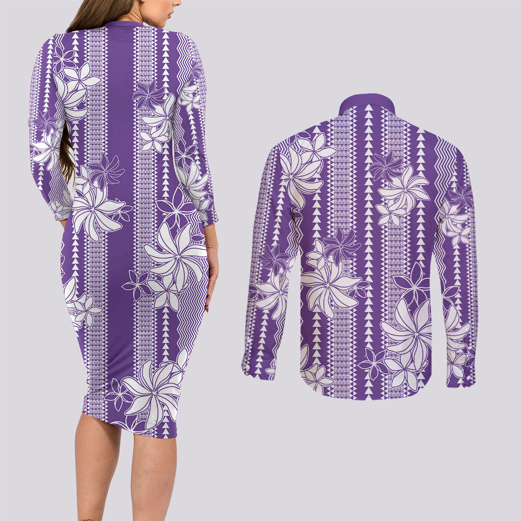 Hawaii Kakau Tribal Couples Matching Long Sleeve Bodycon Dress and Long Sleeve Button Shirt With Purple Tiare