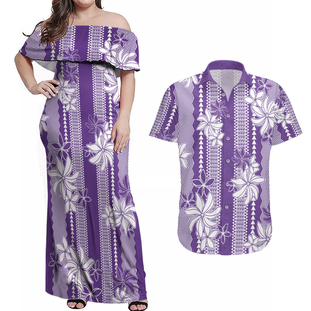 Hawaii Kakau Tribal Couples Matching Off Shoulder Maxi Dress and Hawaiian Shirt With Purple Tiare