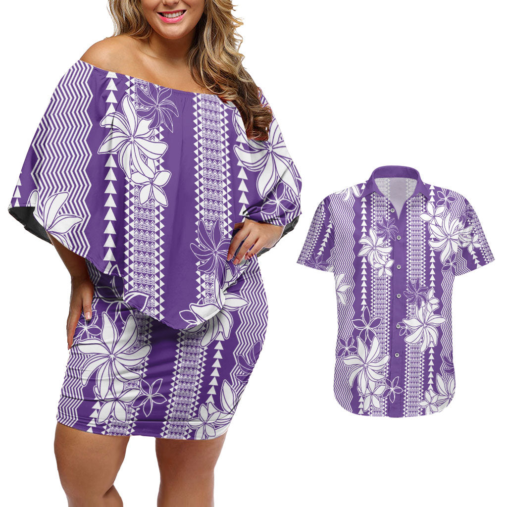 Hawaii Kakau Tribal Couples Matching Off Shoulder Short Dress and Hawaiian Shirt With Purple Tiare LT05 Purple - Polynesian Pride