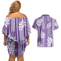 Hawaii Kakau Tribal Couples Matching Off Shoulder Short Dress and Hawaiian Shirt With Purple Tiare