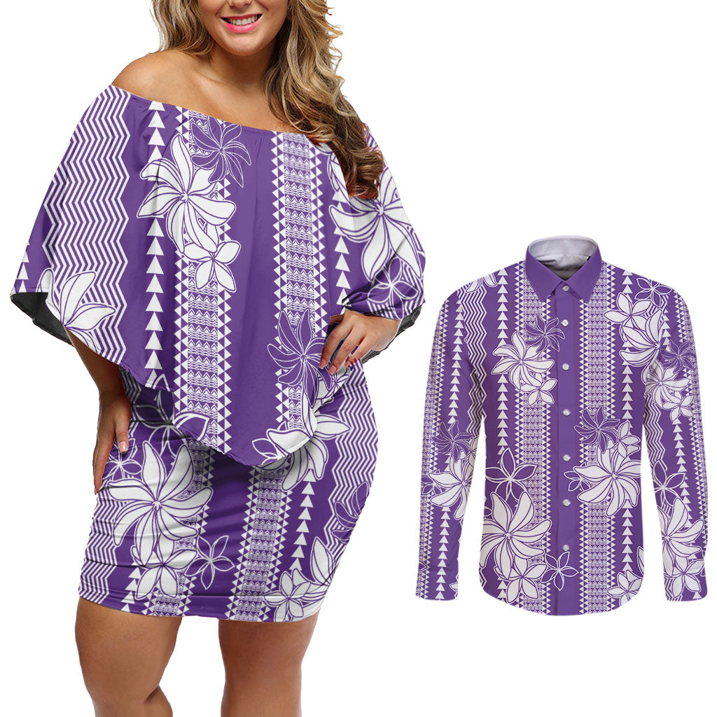 Hawaii Kakau Tribal Couples Matching Off Shoulder Short Dress and Long Sleeve Button Shirt With Purple Tiare LT05 Purple - Polynesian Pride