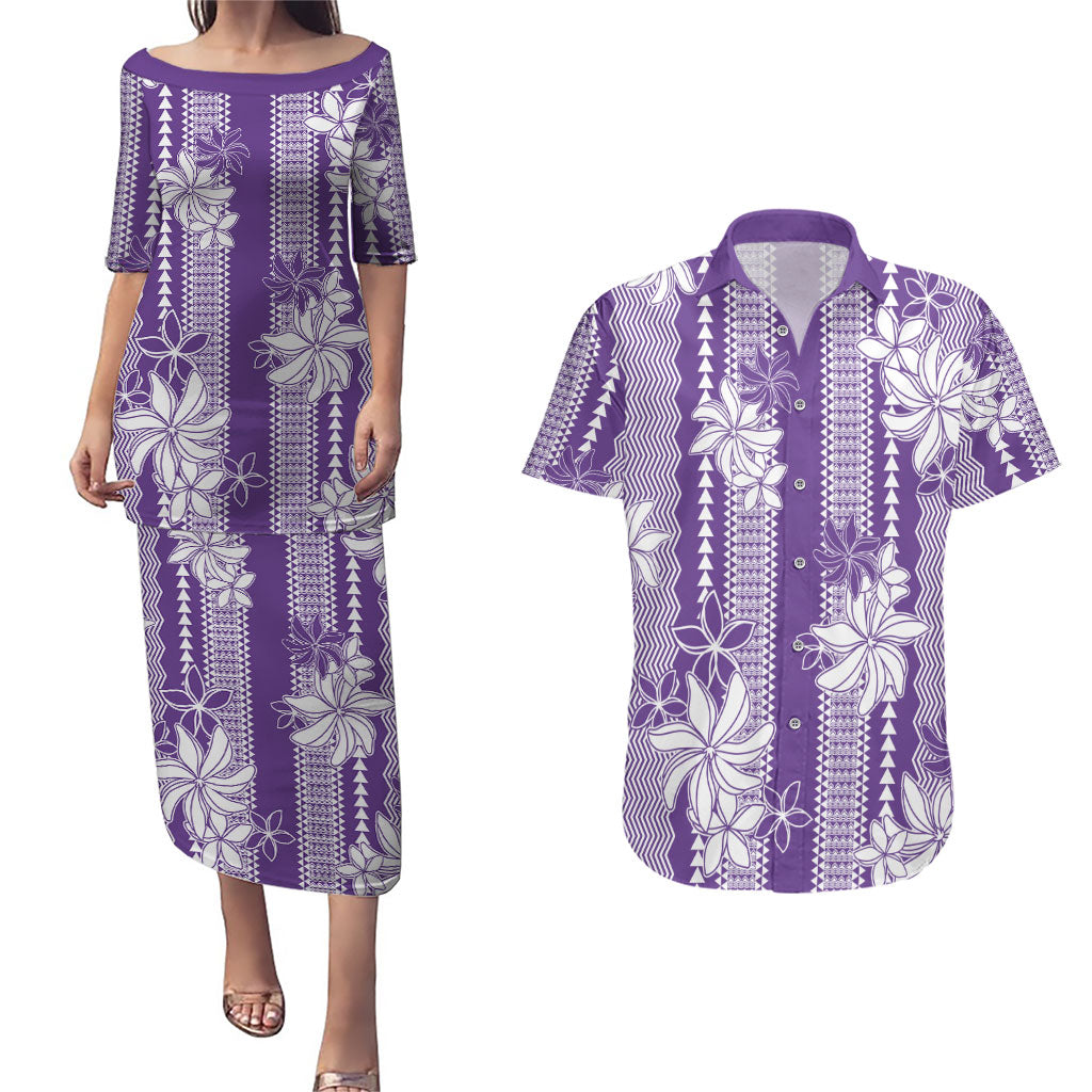 Hawaii Kakau Tribal Couples Matching Puletasi and Hawaiian Shirt With Purple Tiare