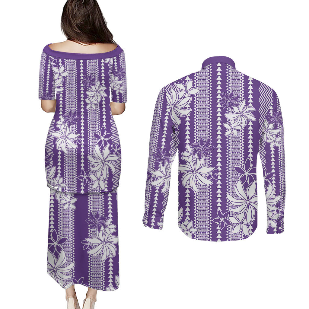 Hawaii Kakau Tribal Couples Matching Puletasi and Long Sleeve Button Shirt With Purple Tiare