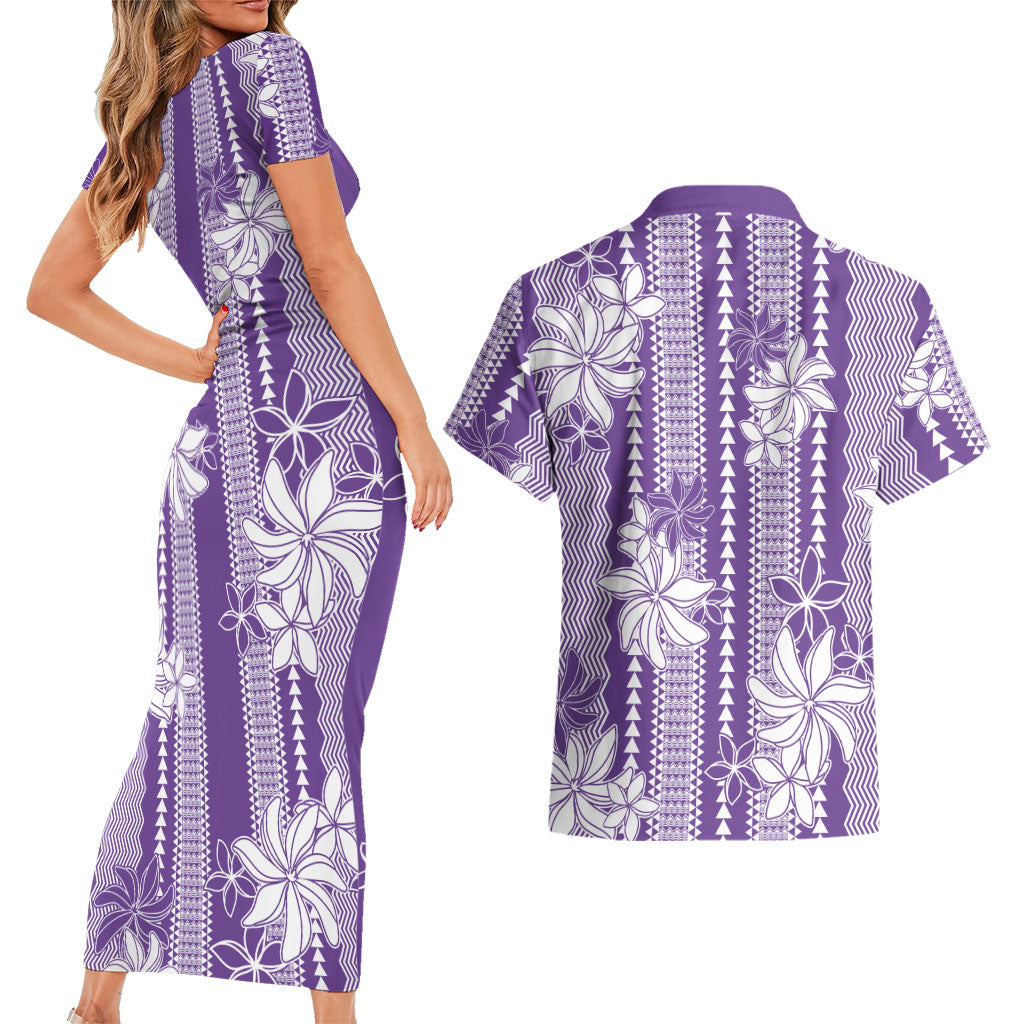Hawaii Kakau Tribal Couples Matching Short Sleeve Bodycon Dress and Hawaiian Shirt With Purple Tiare