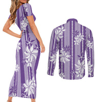 Hawaii Kakau Tribal Couples Matching Short Sleeve Bodycon Dress and Long Sleeve Button Shirt With Purple Tiare