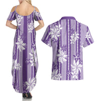 Hawaii Kakau Tribal Couples Matching Summer Maxi Dress and Hawaiian Shirt With Purple Tiare