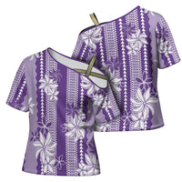 Hawaii Kakau Tribal Cross Shoulder Shirt With Purple Tiare