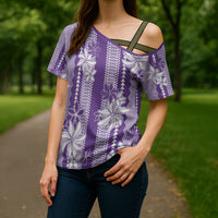 Hawaii Kakau Tribal Cross Shoulder Shirt With Purple Tiare