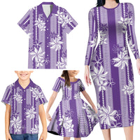 Hawaii Kakau Tribal Family Matching Long Sleeve Bodycon Dress and Hawaiian Shirt With Purple Tiare