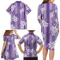 Hawaii Kakau Tribal Family Matching Long Sleeve Bodycon Dress and Hawaiian Shirt With Purple Tiare