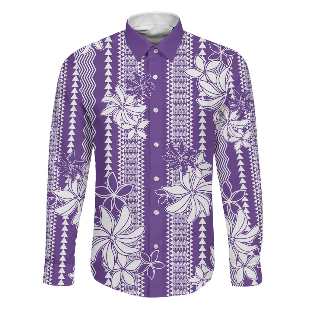 Hawaii Kakau Tribal Family Matching Long Sleeve Bodycon Dress and Hawaiian Shirt With Purple Tiare