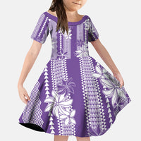 Hawaii Kakau Tribal Family Matching Off The Shoulder Long Sleeve Dress and Hawaiian Shirt With Purple Tiare