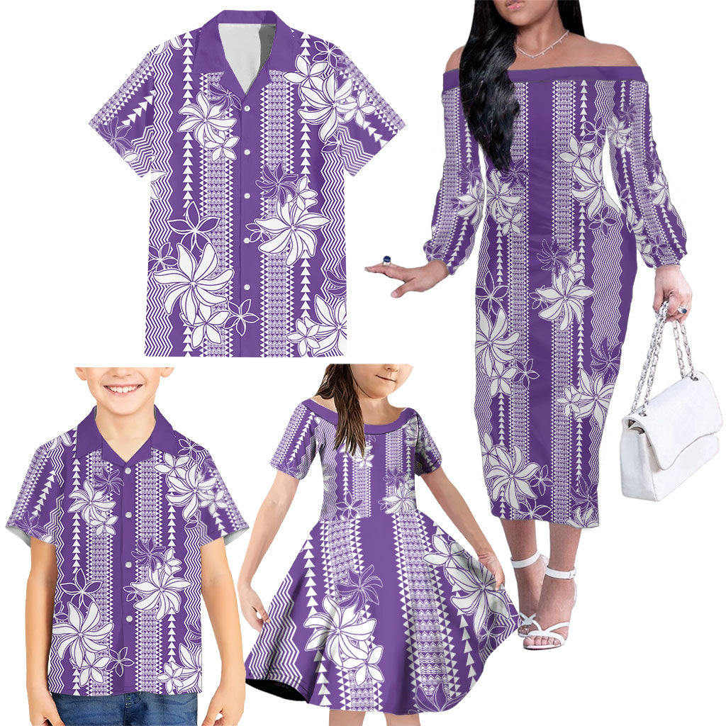 Hawaii Kakau Tribal Family Matching Off The Shoulder Long Sleeve Dress and Hawaiian Shirt With Purple Tiare