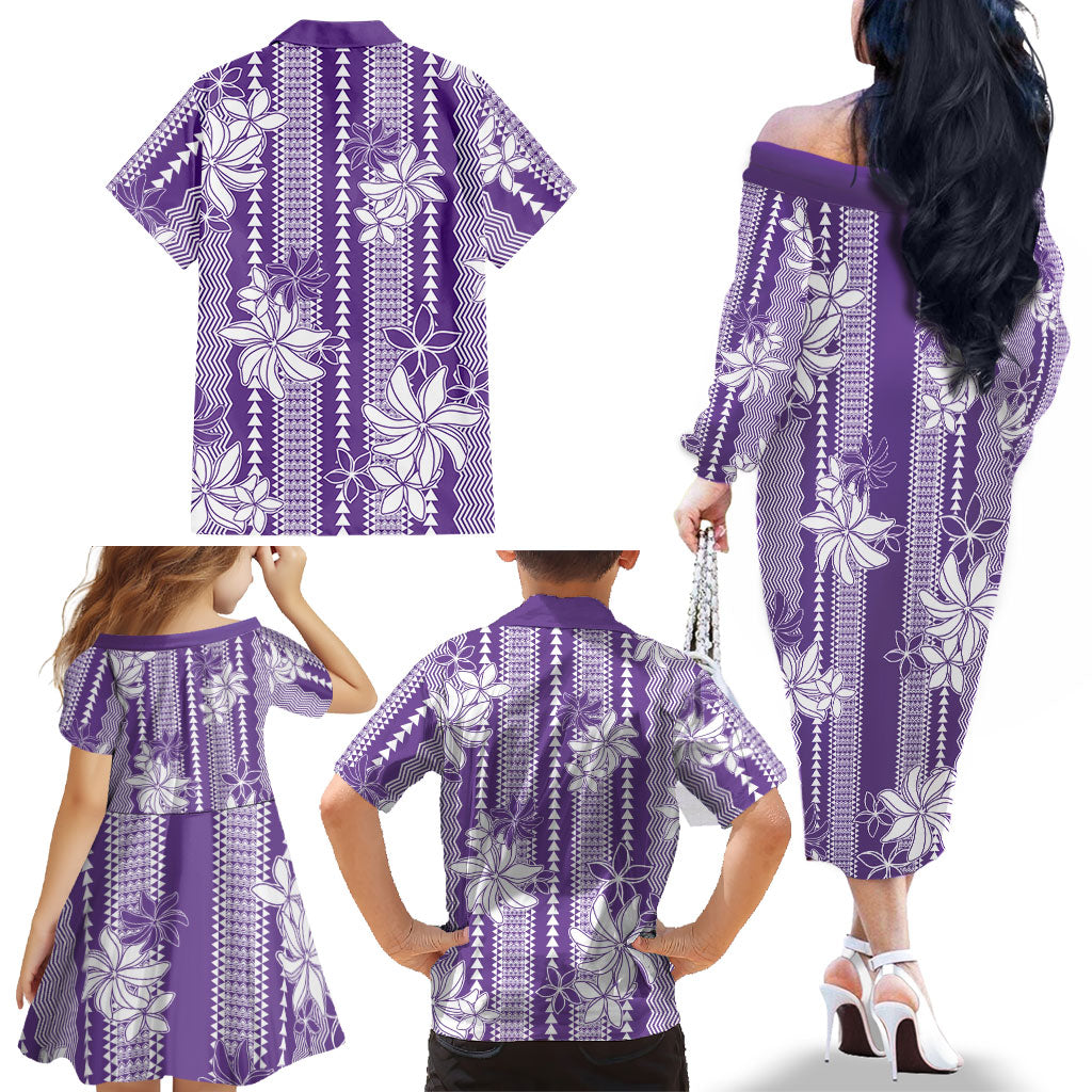 Hawaii Kakau Tribal Family Matching Off The Shoulder Long Sleeve Dress and Hawaiian Shirt With Purple Tiare