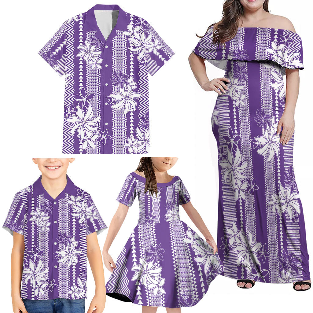 Hawaii Kakau Tribal Family Matching Off Shoulder Maxi Dress and Hawaiian Shirt With Purple Tiare