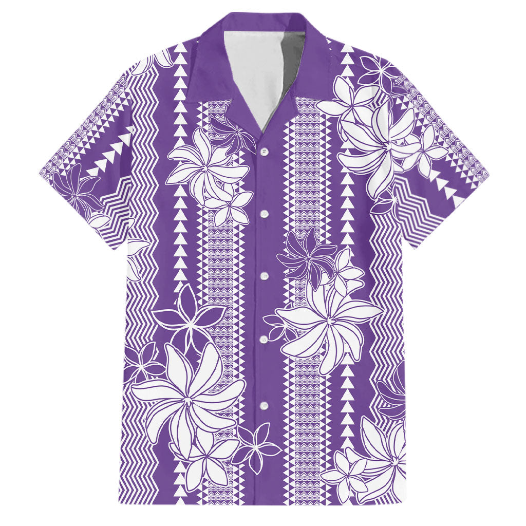 Hawaii Kakau Tribal Family Matching Off Shoulder Short Dress and Hawaiian Shirt With Purple Tiare