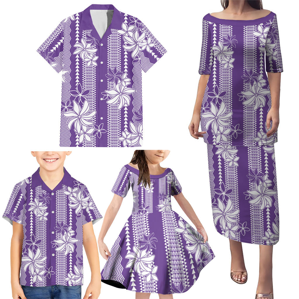 Hawaii Kakau Tribal Family Matching Puletasi and Hawaiian Shirt With Purple Tiare